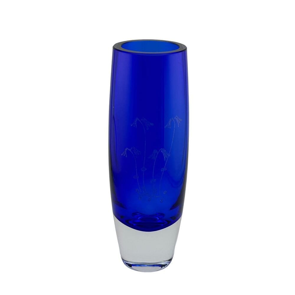 Single Bud Vase Hand Blown 7.75” Cobalt Blue to Clear Heavy Glass Floral Etching